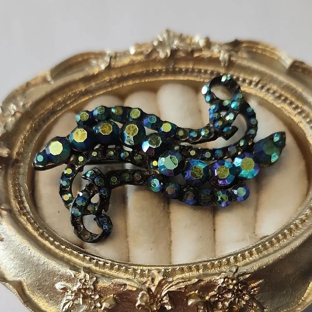Pot Metal AB Crystal Rhinestone Iridescent Brooch Vintage